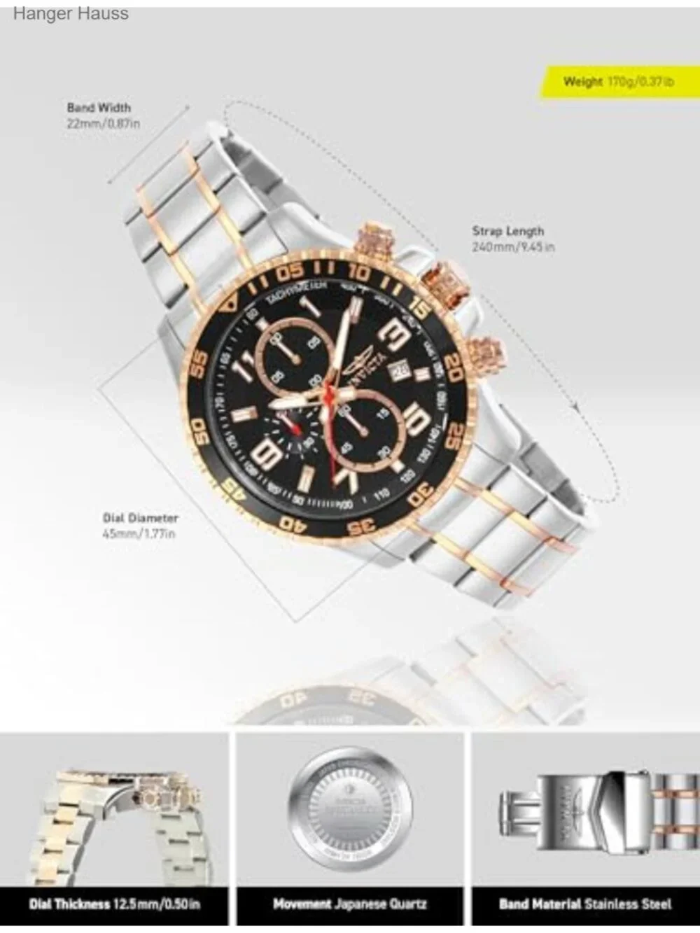 Men's Quartz Chronograph Watch Stainless Steel 45mm